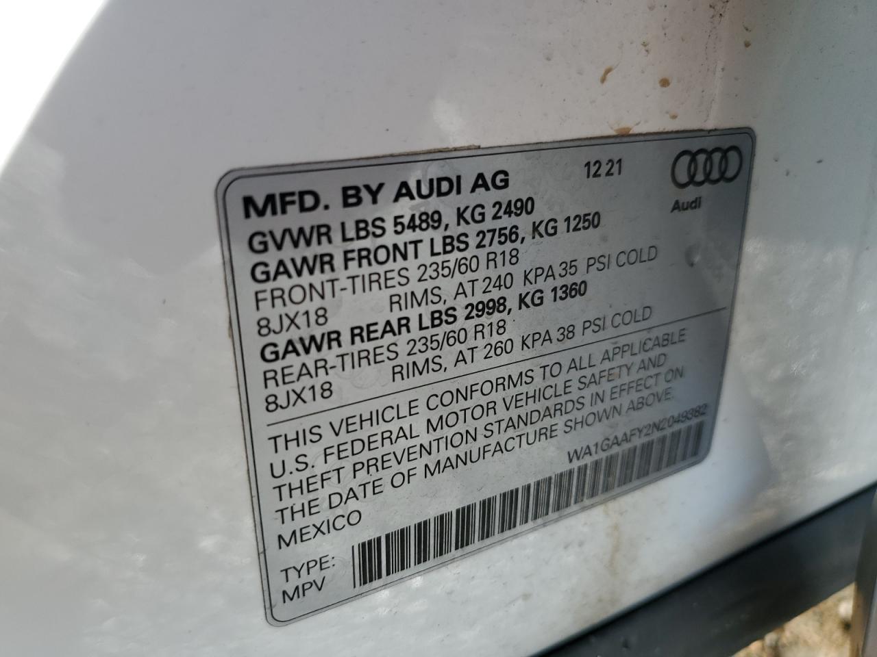 2022 AUDI Q5 PREMIUM 45 VIN:WA1GAAFY2N2049382
