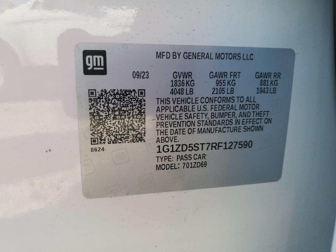 2024 CHEVROLET MALIBU LT VIN:1G1ZD5ST7RF127590