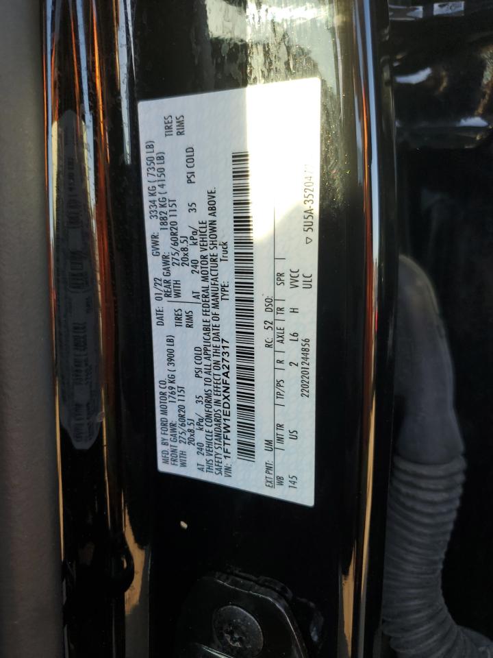 2022 FORD F150 SUPERCREW VIN:1FTFW1EDXNFA27317