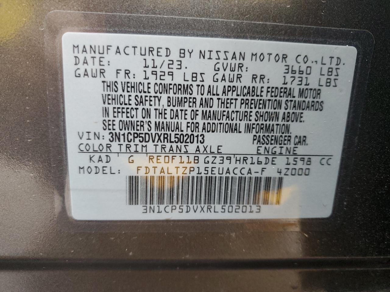 2024 NISSAN KICKS SR VIN:3N1CP5DVXRL502013