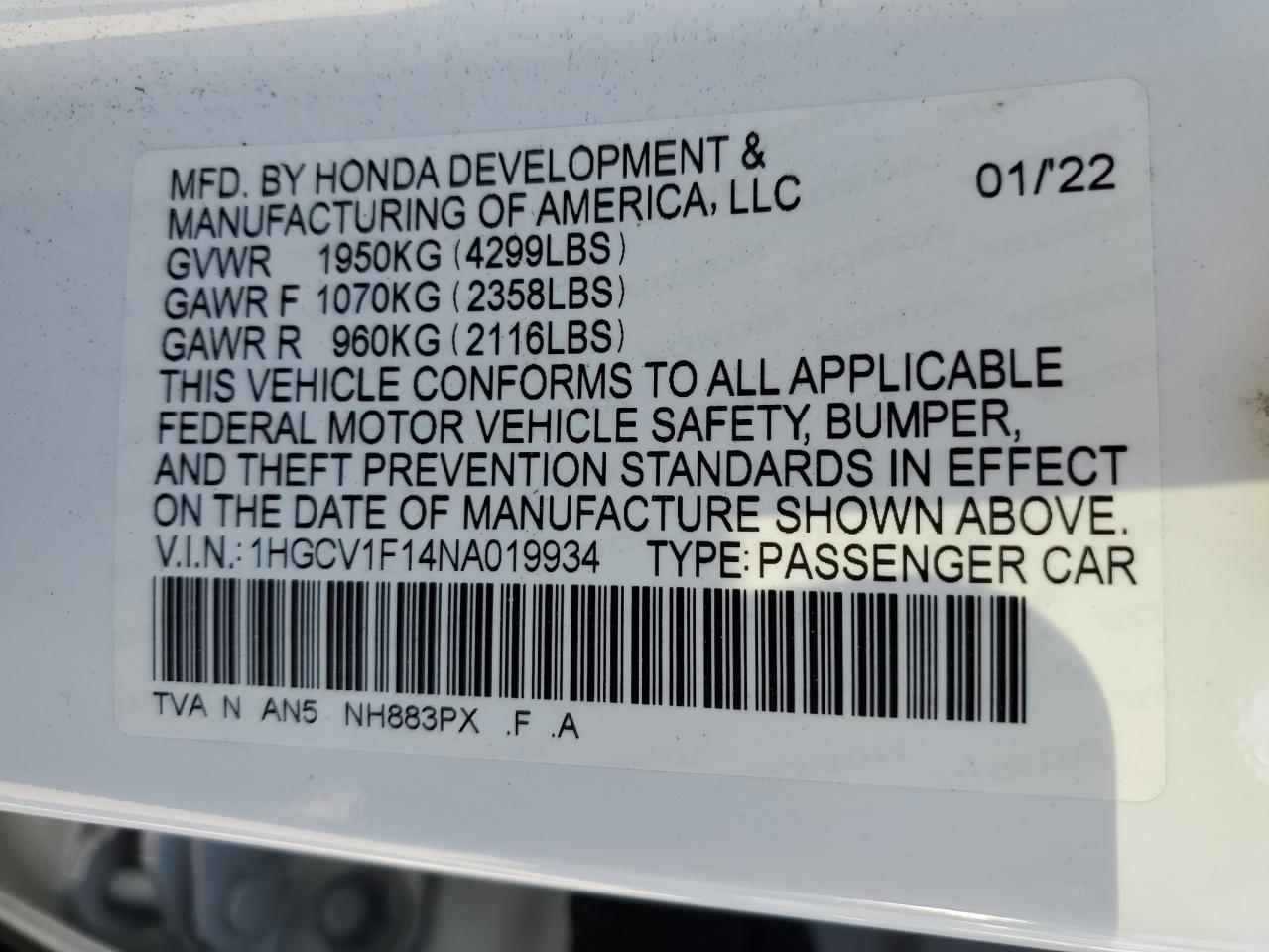 2022 HONDA ACCORD LX VIN:1HGCV1F14NA019934