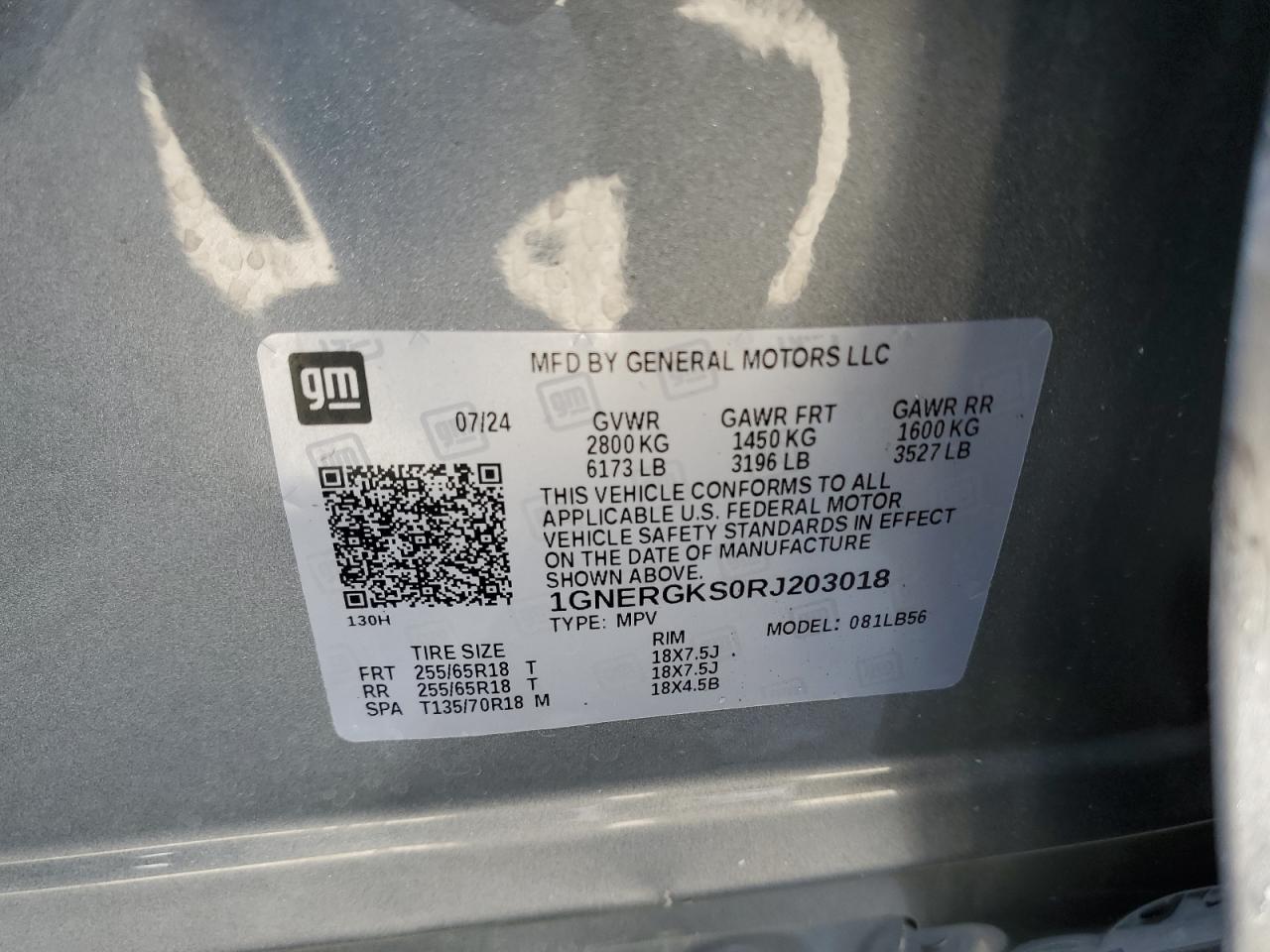 2024 CHEVROLET TRAVERSE LT VIN:1GNERGKS0RJ203018