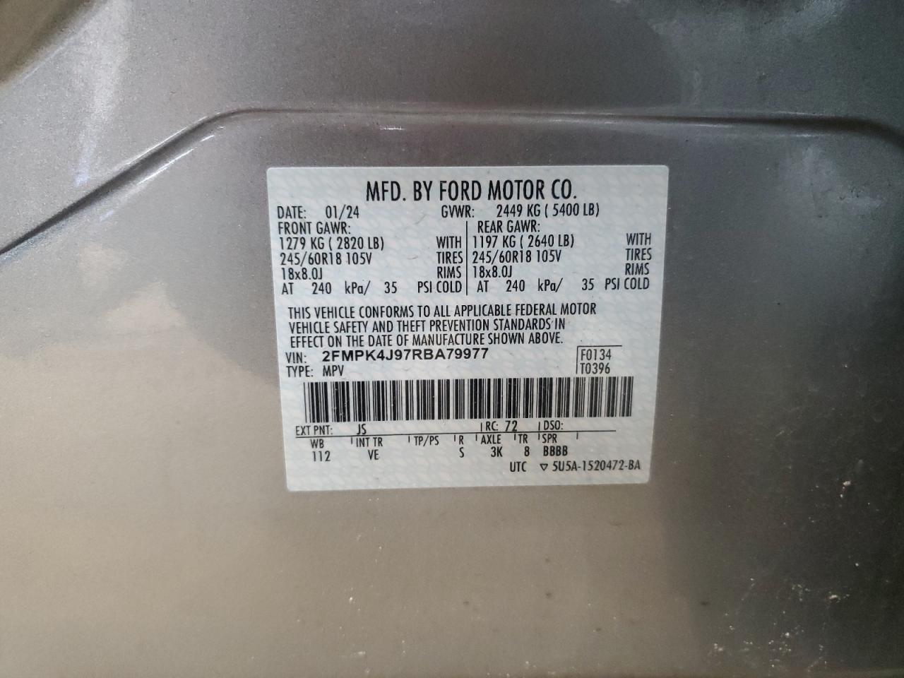 2024 FORD EDGE SEL VIN:2FMPK4J97RBA79977