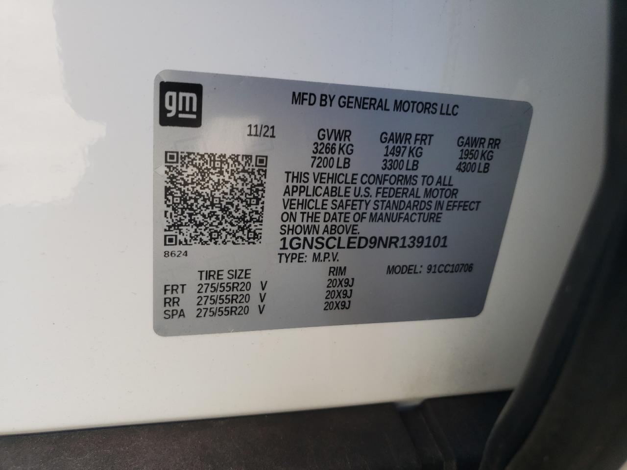 2022 CHEVROLET TAHOE C1500 VIN:1GNSCLED9NR139101