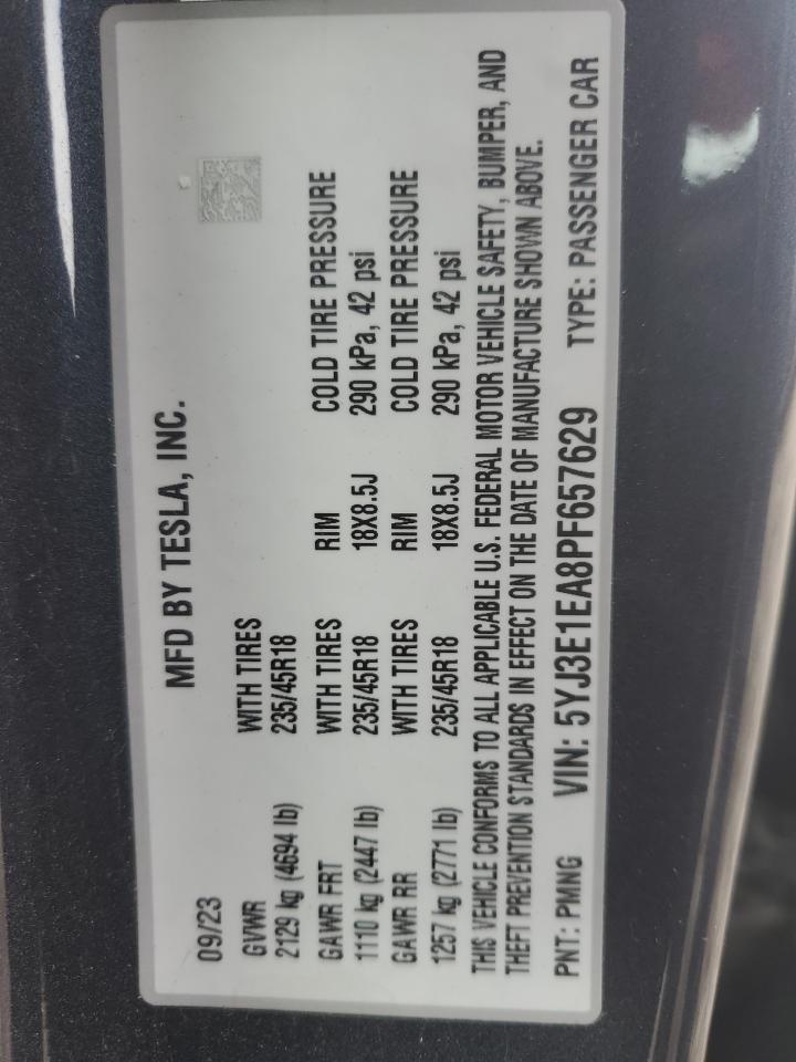 2023 TESLA MODEL 3  VIN:5YJ3E1EA8PF657629