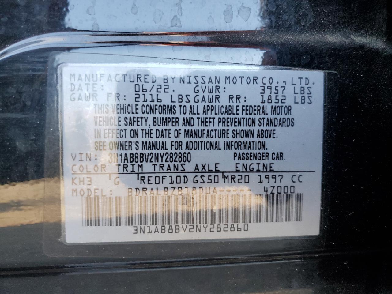 2022 NISSAN SENTRA S VIN:3N1AB8BV2NY282860