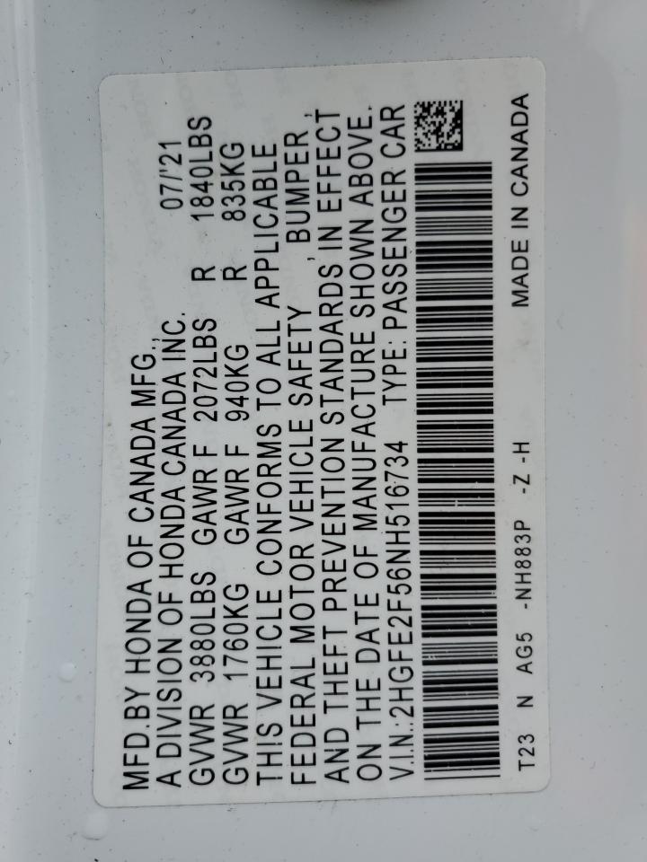 2022 HONDA CIVIC SPORT VIN:2HGFE2F56NH516734