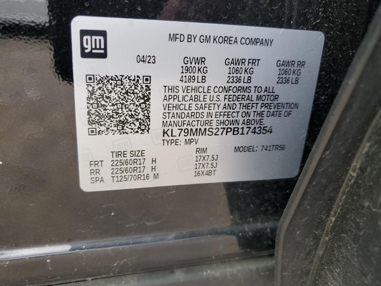 2023 CHEVROLET TRAILBLAZER LS VIN:KL79MMS27PB174354