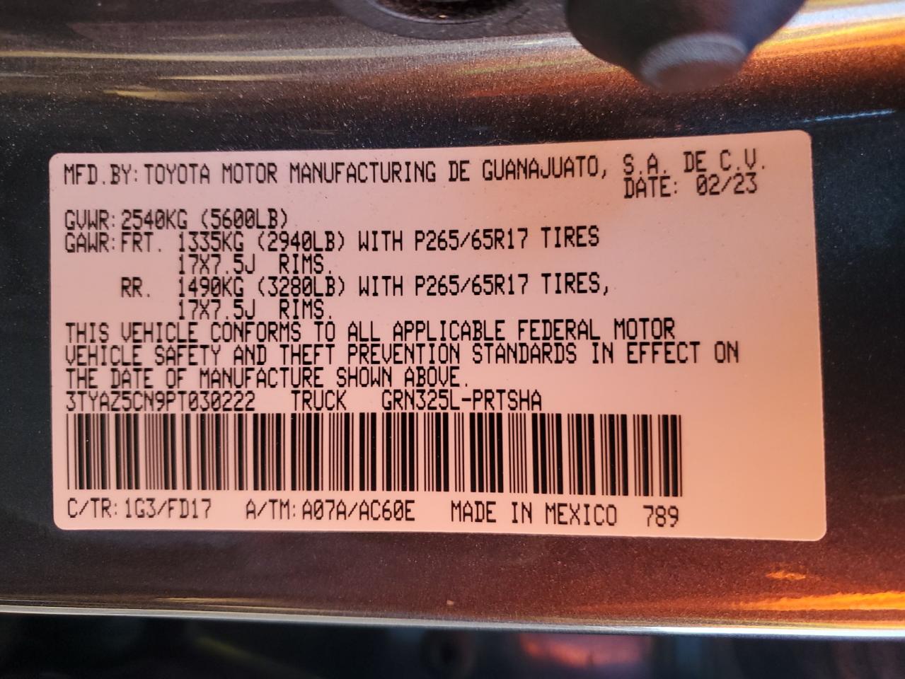 2023 TOYOTA TACOMA DOUBLE CAB VIN:3TYAZ5CN9PT030222