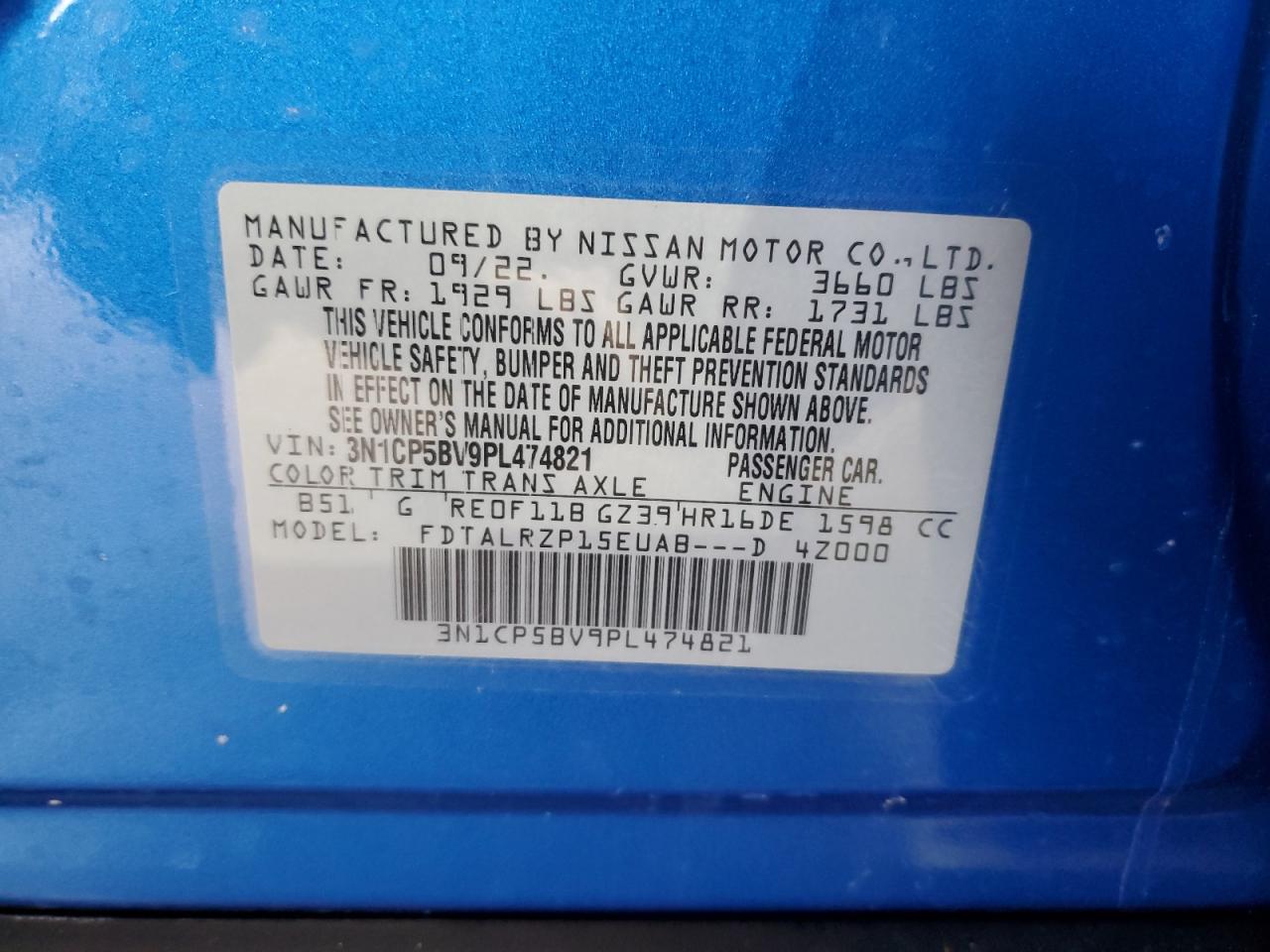 2023 NISSAN KICKS S VIN:3N1CP5BV9PL474821