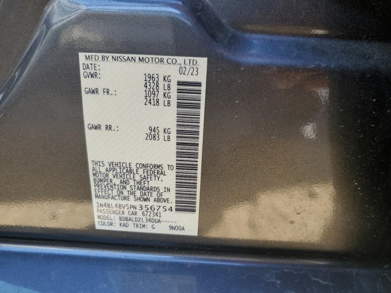 2023 NISSAN ALTIMA S VIN:1N4BL4BV5PN356754