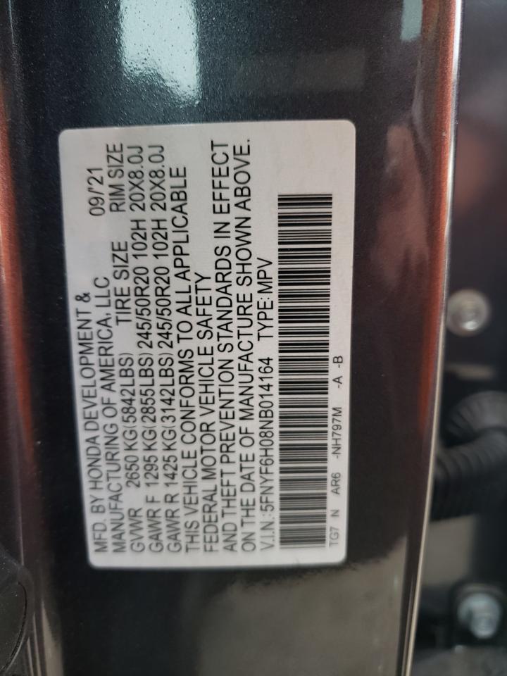 2022 HONDA PILOT ELITE VIN:5FNYF6H08NB014164