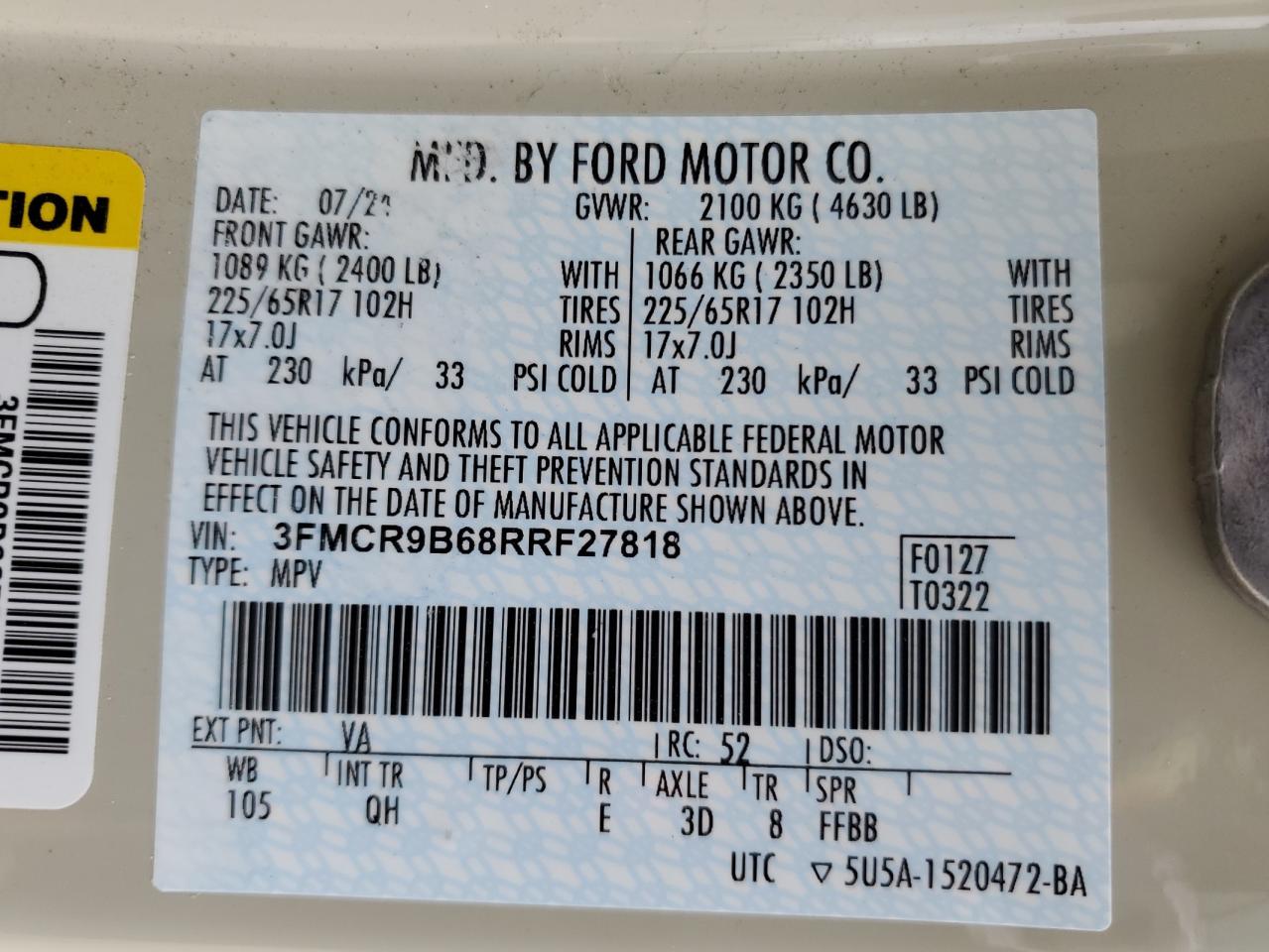 2024 FORD BRONCO SPORT BIG BEND VIN:3FMCR9B68RRF27818