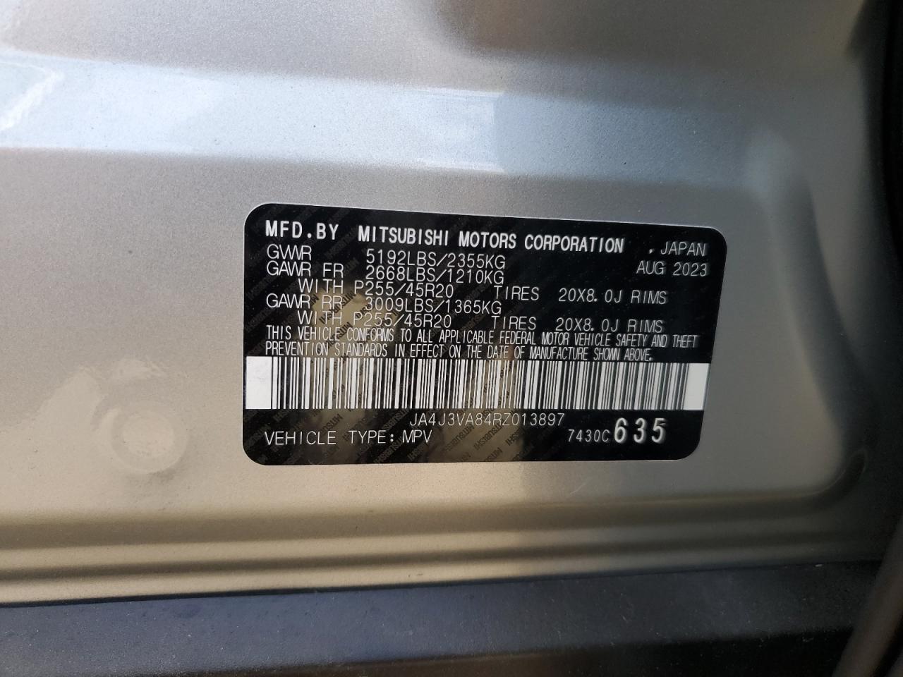 2024 MITSUBISHI OUTLANDER SE VIN:JA4J3VA84RZ013897