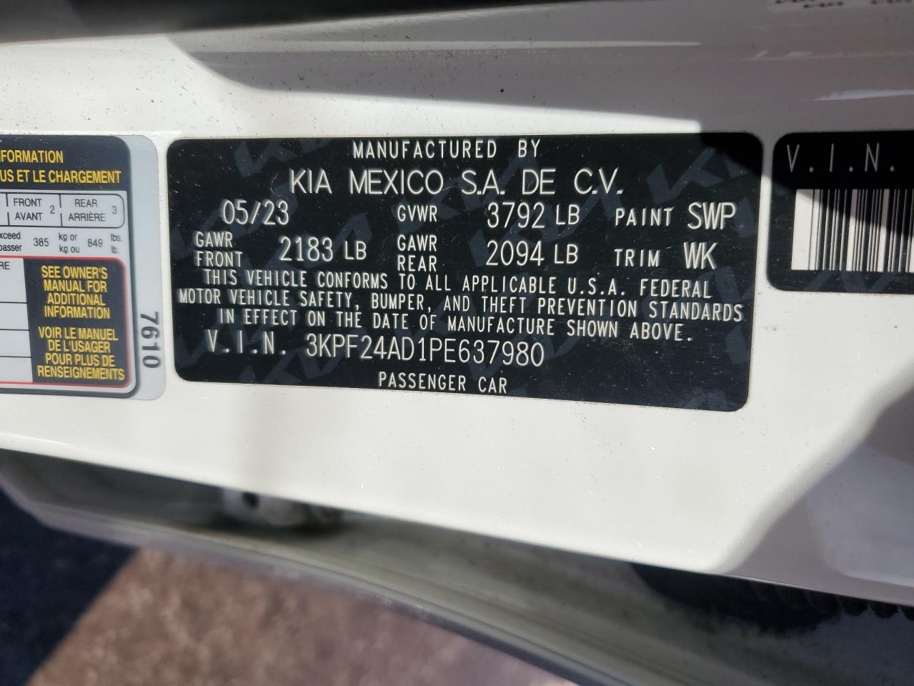 2023 KIA FORTE LX VIN:3KPF24AD1PE637980