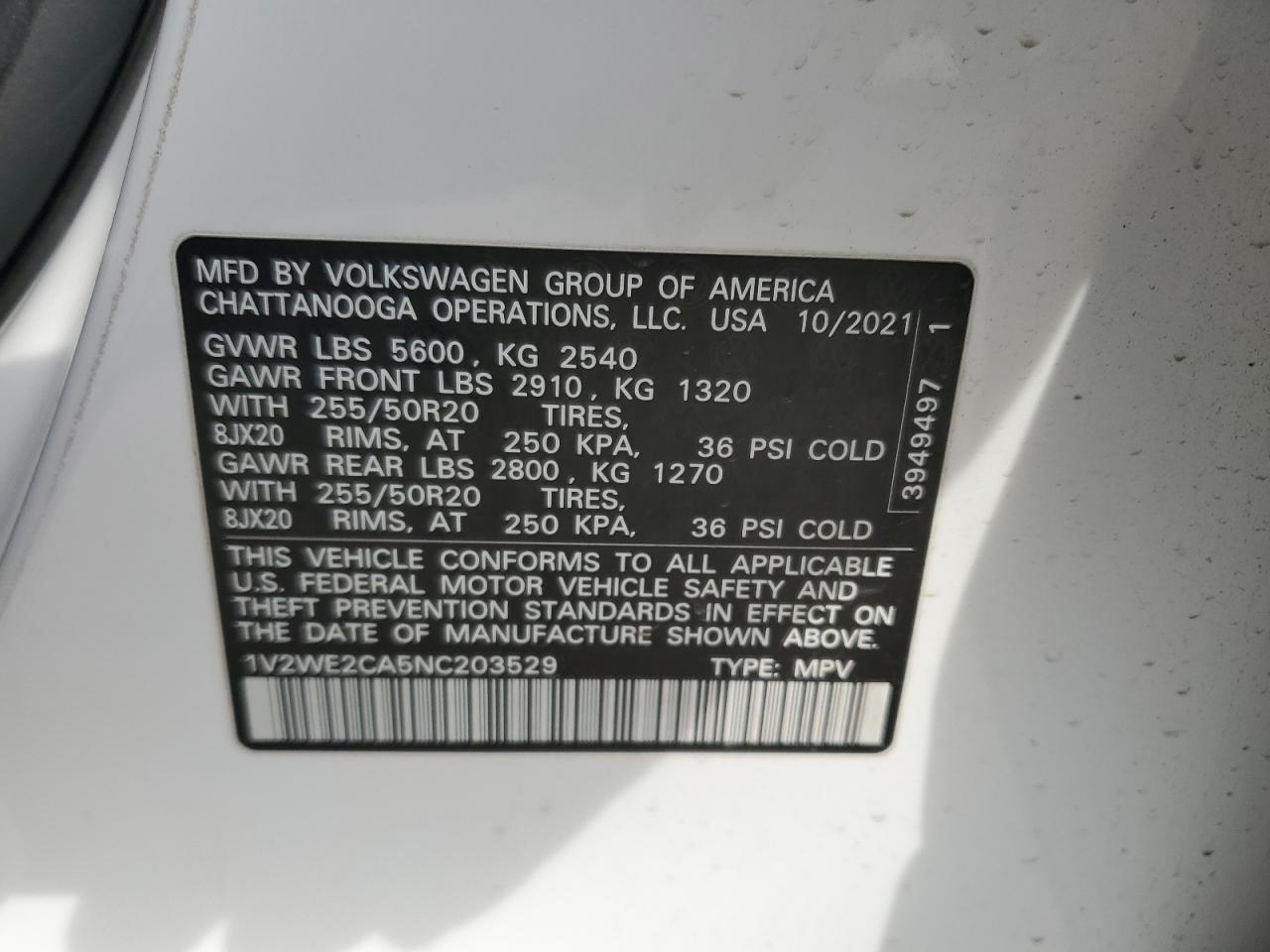 2022 VOLKSWAGEN ATLAS CROSS SPORT SE VIN:1V2WE2CA5NC203529