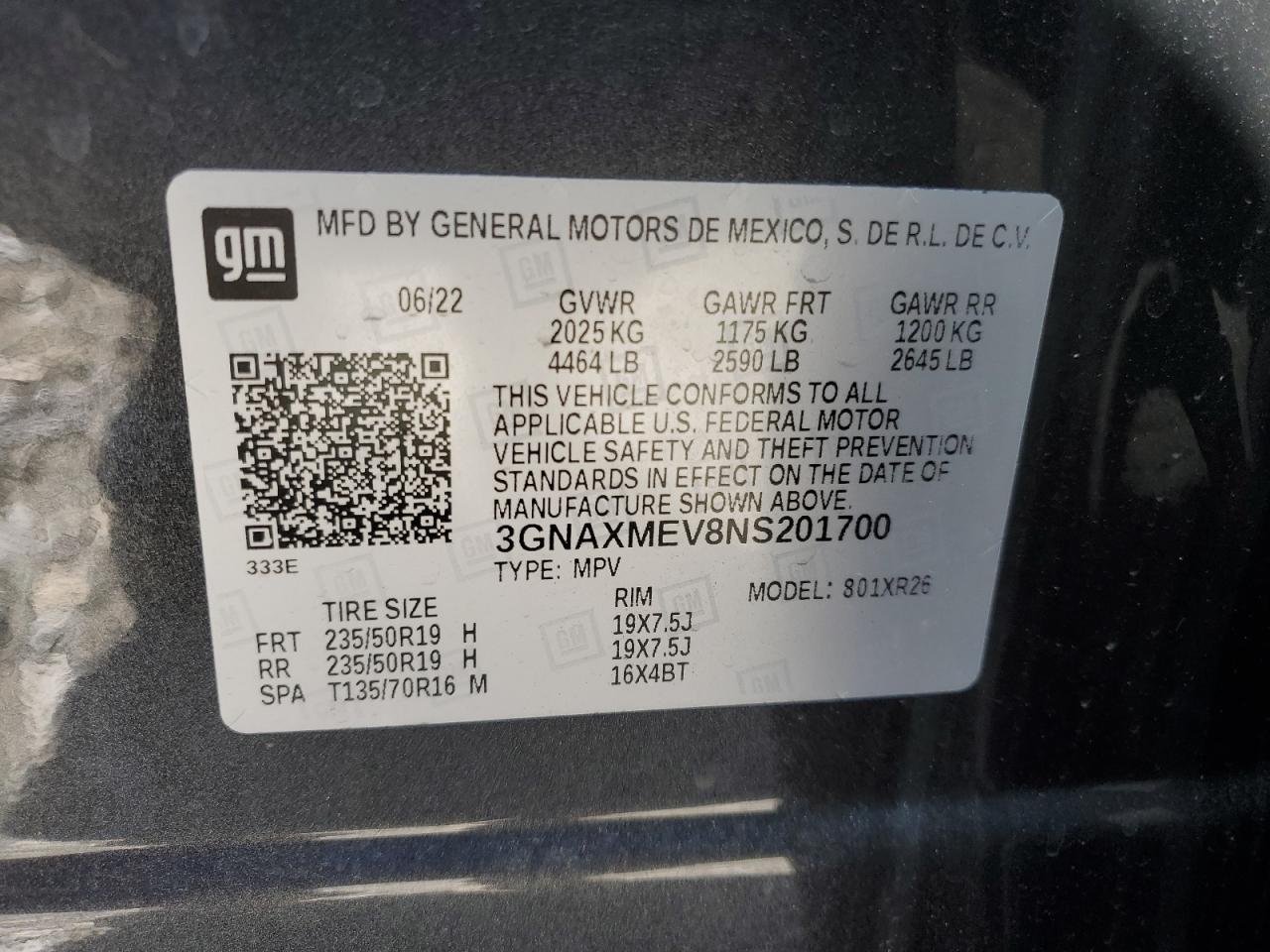 2022 CHEVROLET EQUINOX RS VIN:3GNAXMEV8NS201700