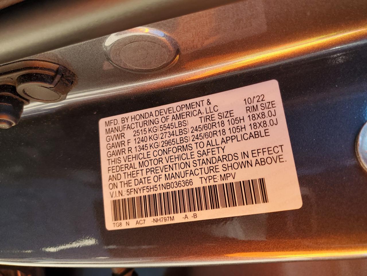 2022 HONDA PILOT EXL VIN:5FNYF5H51NB036366