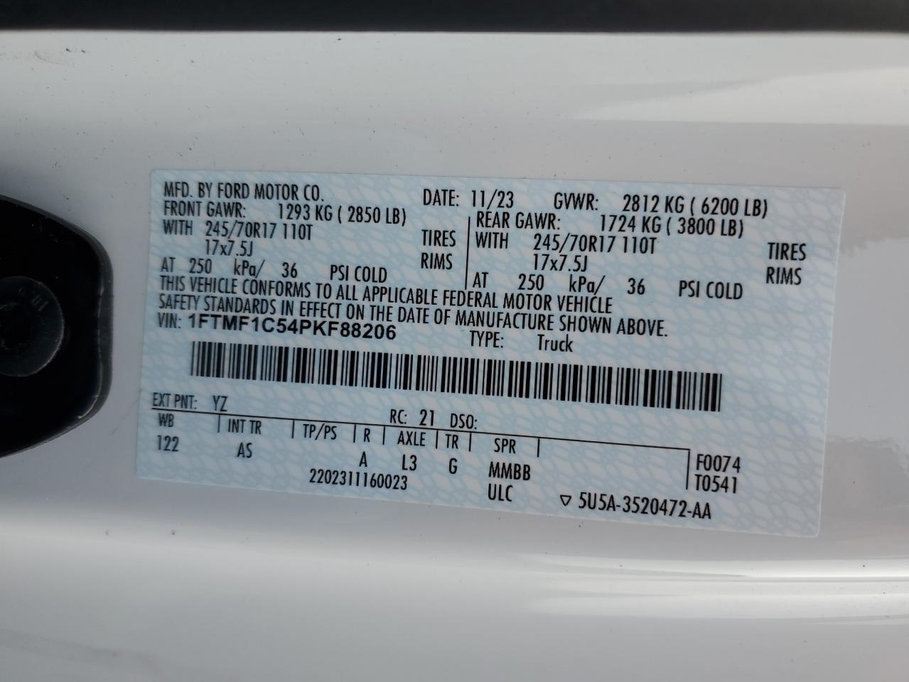 2023 FORD F150  VIN:1FTMF1C54PKF88206