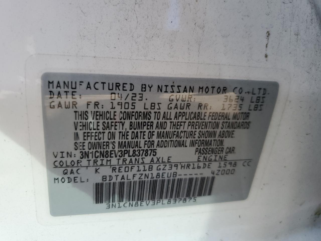 2023 NISSAN VERSA SV VIN:3N1CN8EV3PL837875