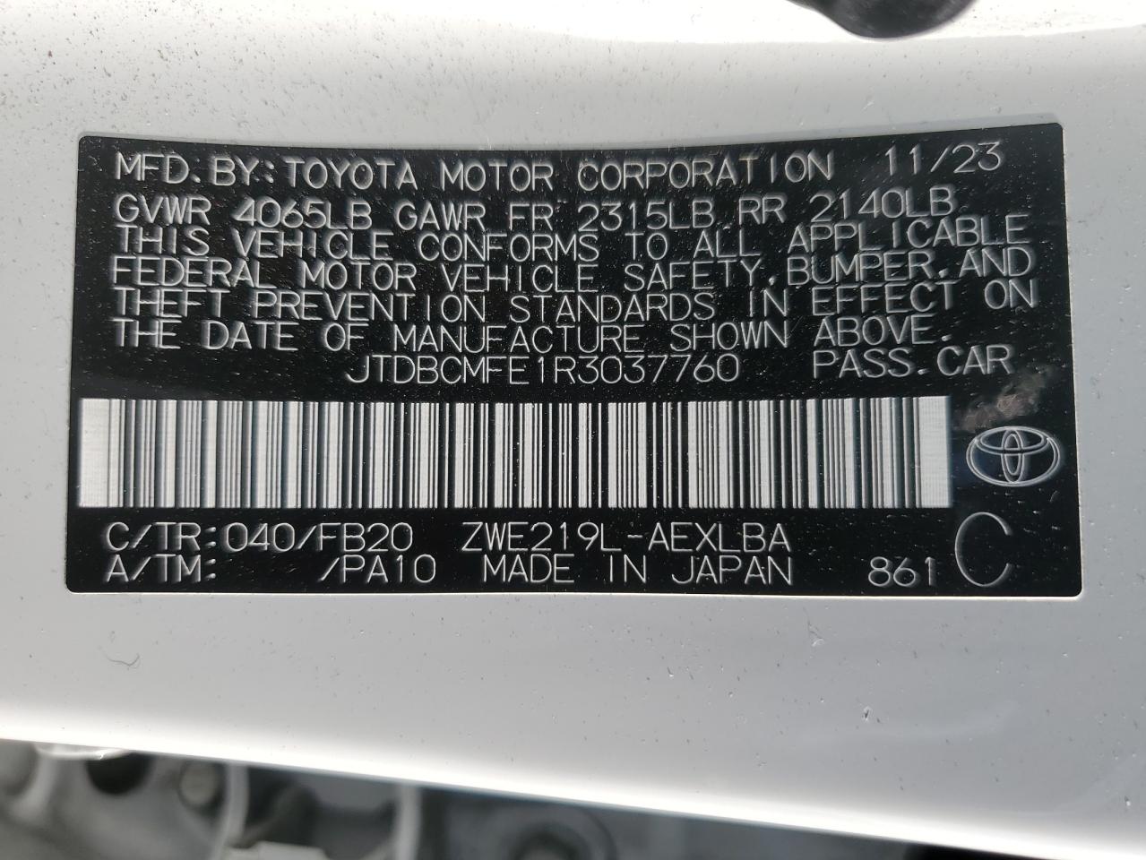 2024 TOYOTA COROLLA LE VIN:JTDBCMFE1R3037760