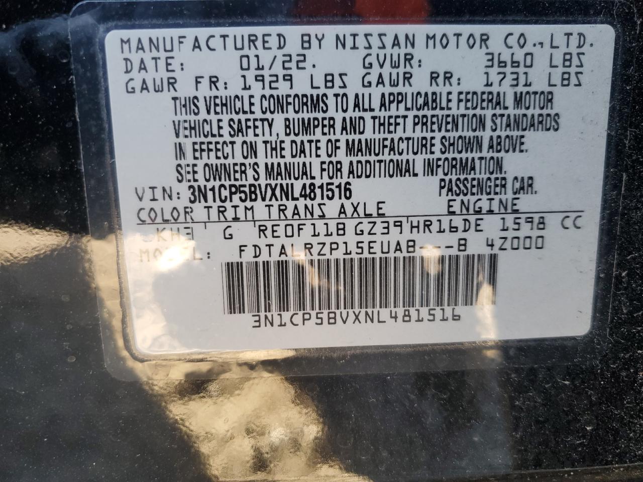 2022 NISSAN KICKS S VIN:3N1CP5BVXNL481516