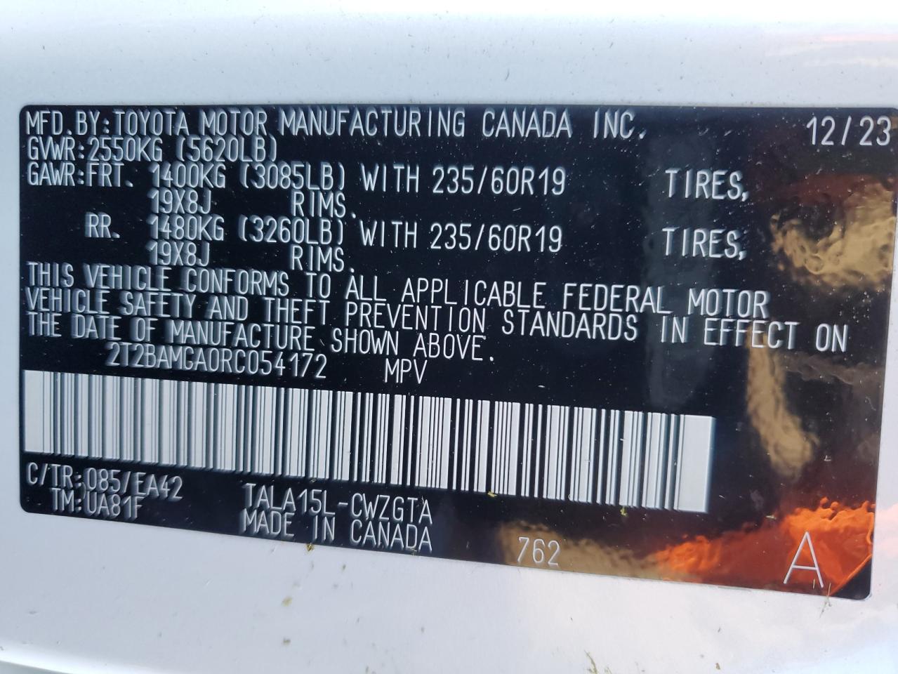 2024 LEXUS RX 350 BASE VIN:2T2BAMCA0RC054172