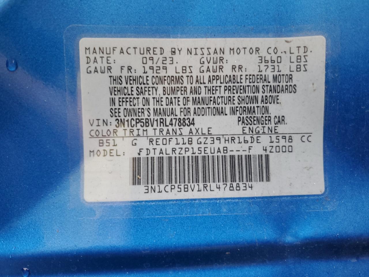 2024 NISSAN KICKS S VIN:3N1CP5BV1RL478834