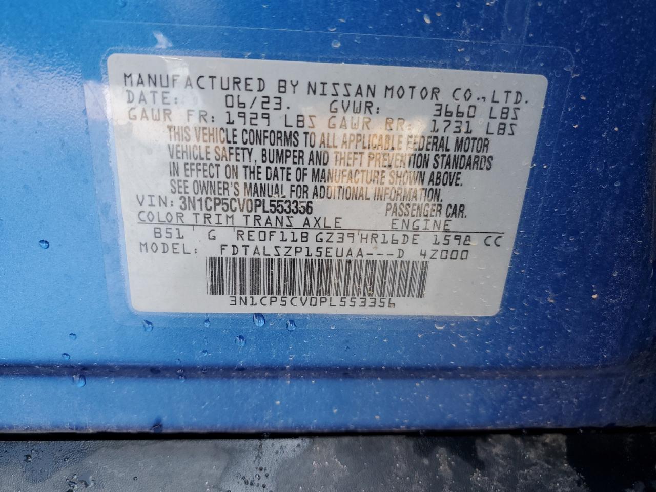 2023 NISSAN KICKS SV VIN:3N1CP5CV0PL553356