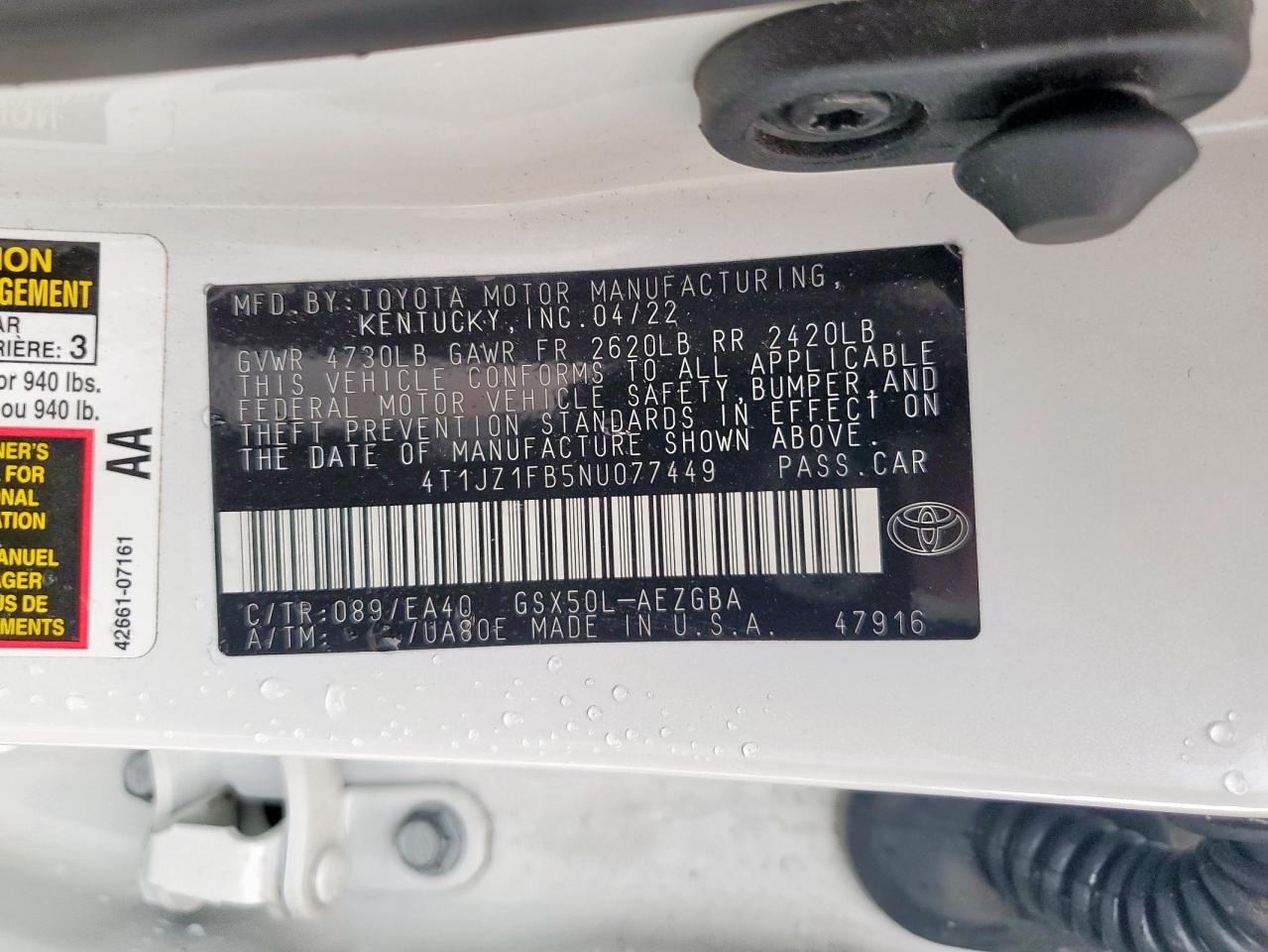 2022 TOYOTA AVALON XLE VIN:4T1JZ1FB5NU077449