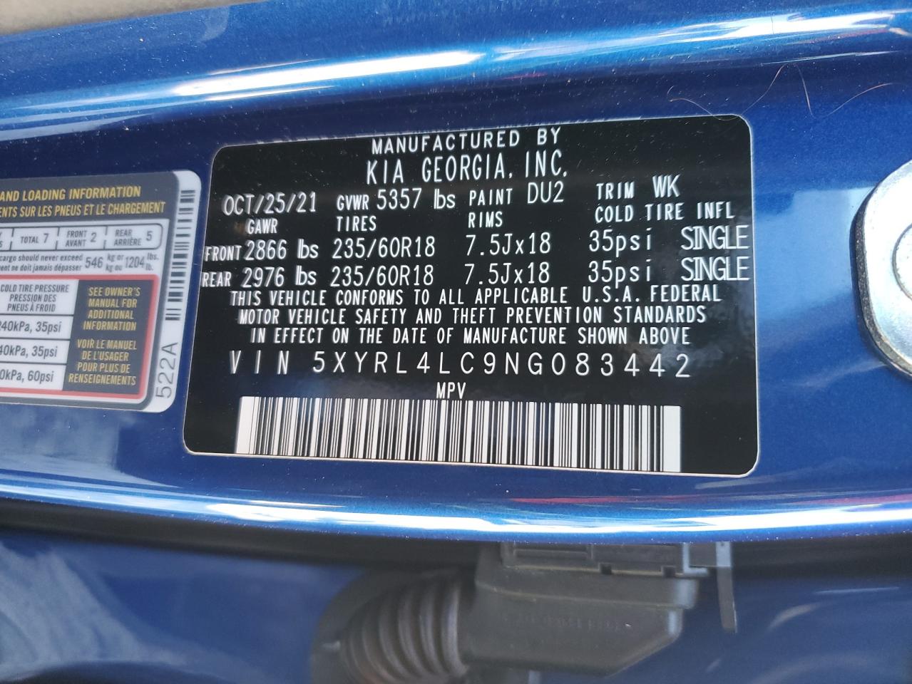 2022 KIA SORENTO S VIN:5XYRL4LC9NG083442