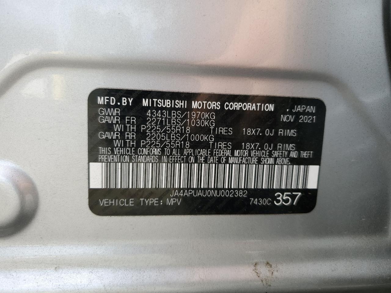 2022 MITSUBISHI OUTLANDER SPORT ES VIN:JA4APUAU0NU002382