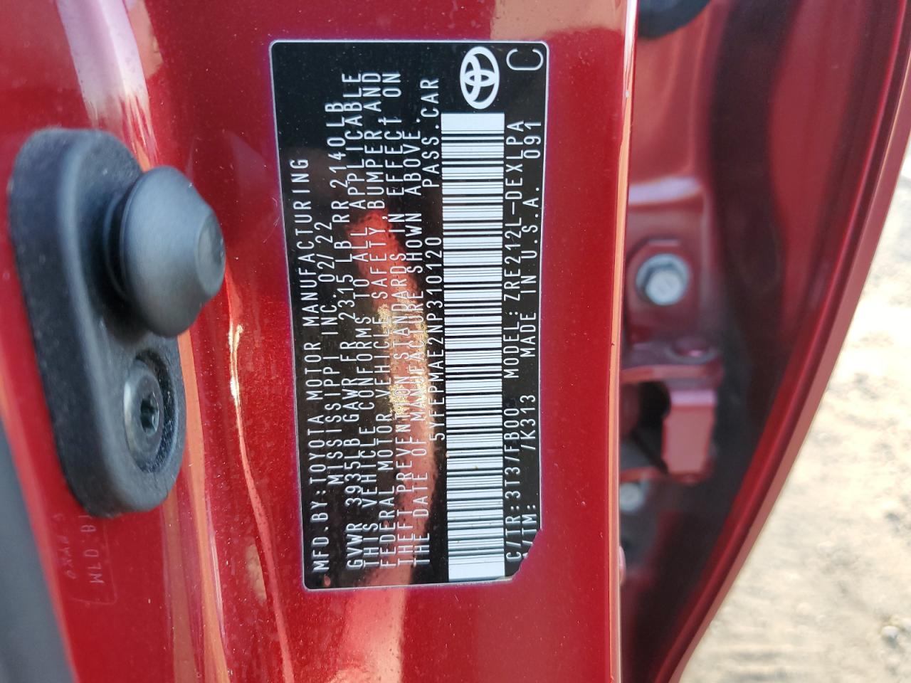 2022 TOYOTA COROLLA LE VIN:5YFEPMAE2NP310120