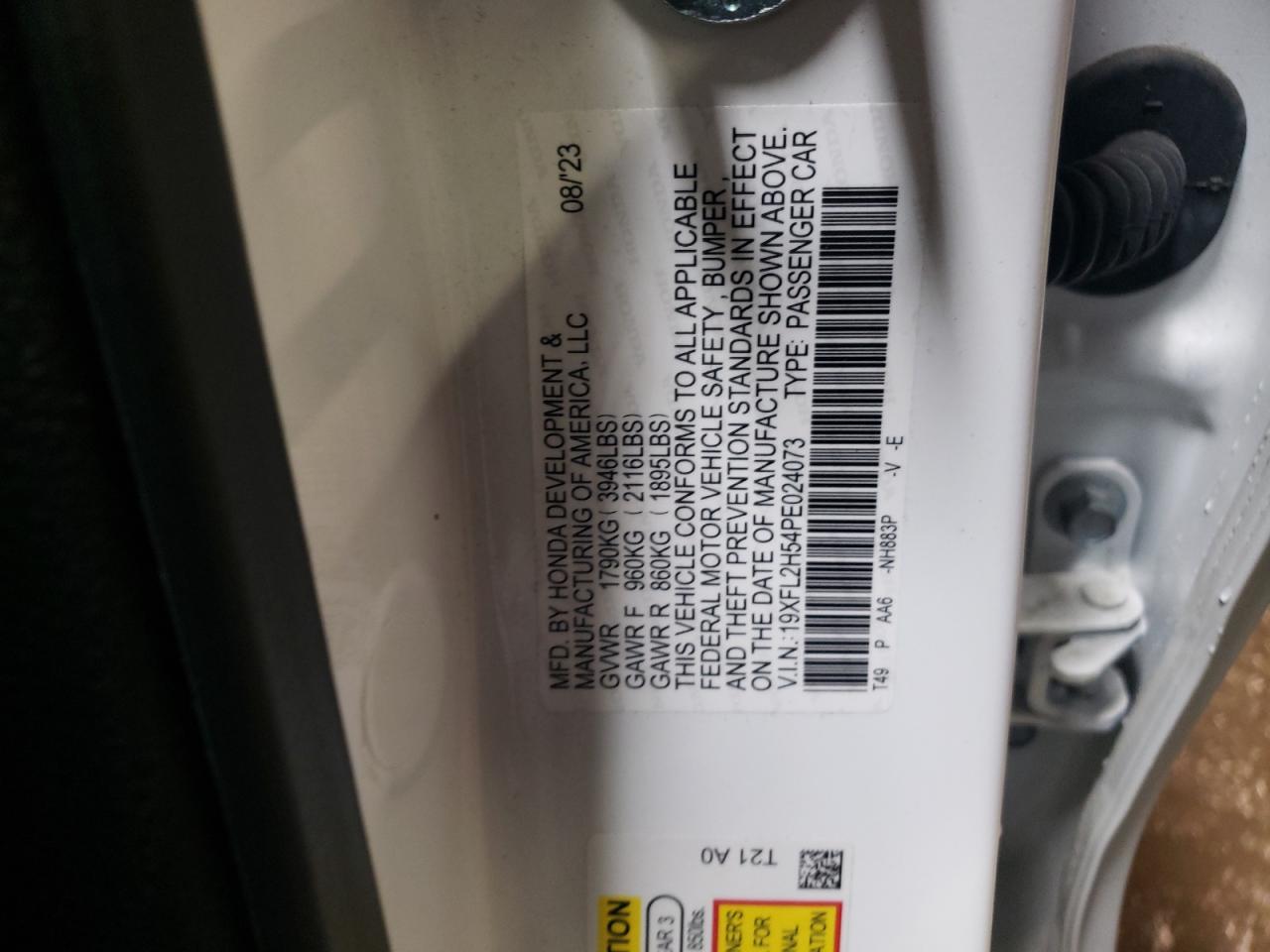 2023 HONDA CIVIC LX VIN:19XFL2H54PE024073