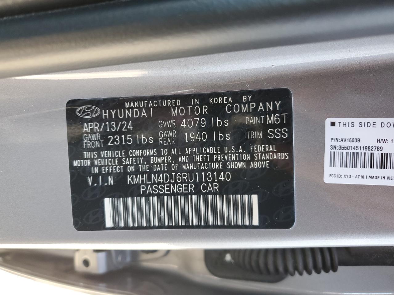 2024 HYUNDAI ELANTRA LIMITED VIN:KMHLN4DJ6RU113140