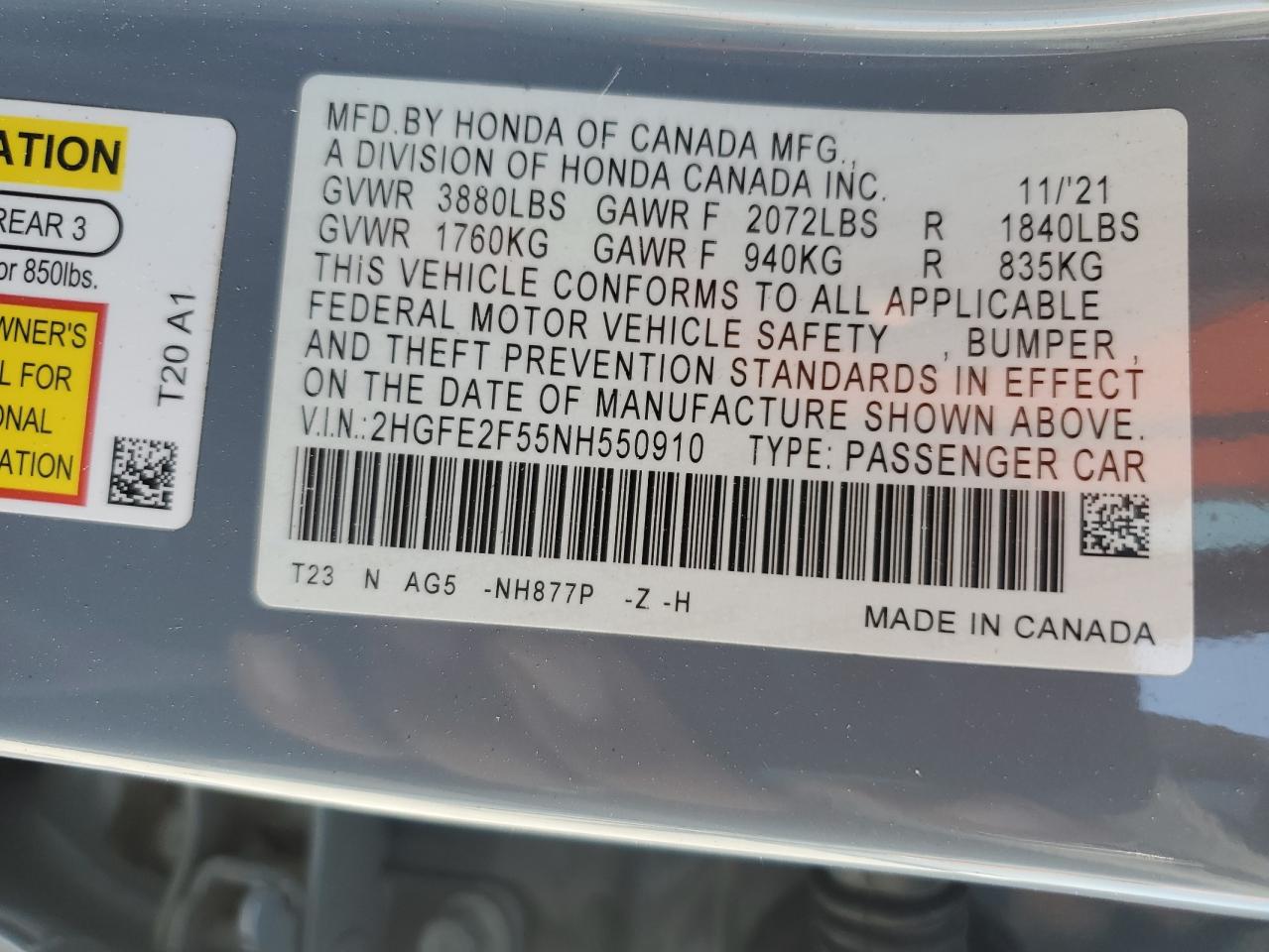 2022 HONDA CIVIC SPORT VIN:2HGFE2F55NH550910