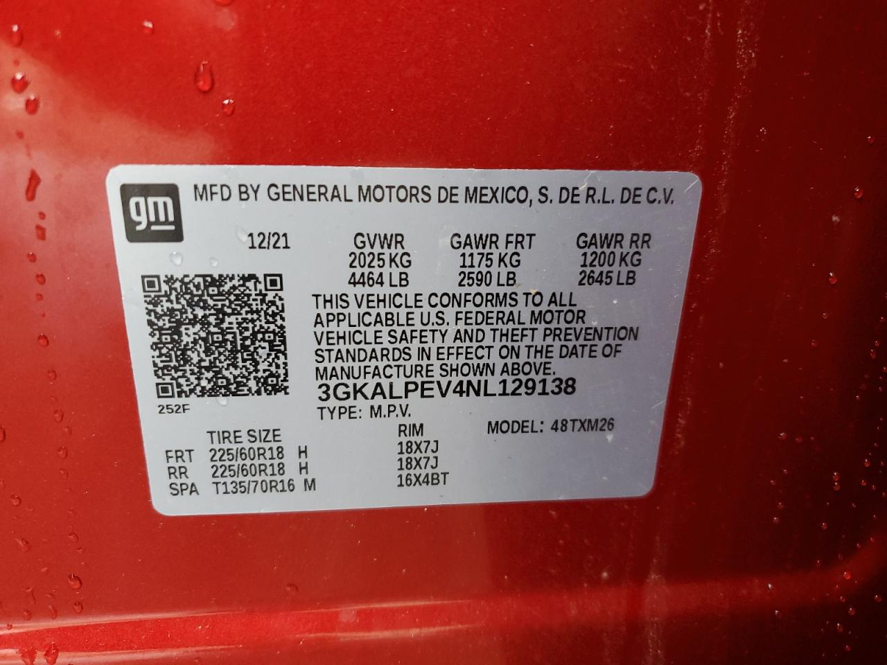 2022 GMC TERRAIN SLT VIN:3GKALPEV4NL129138