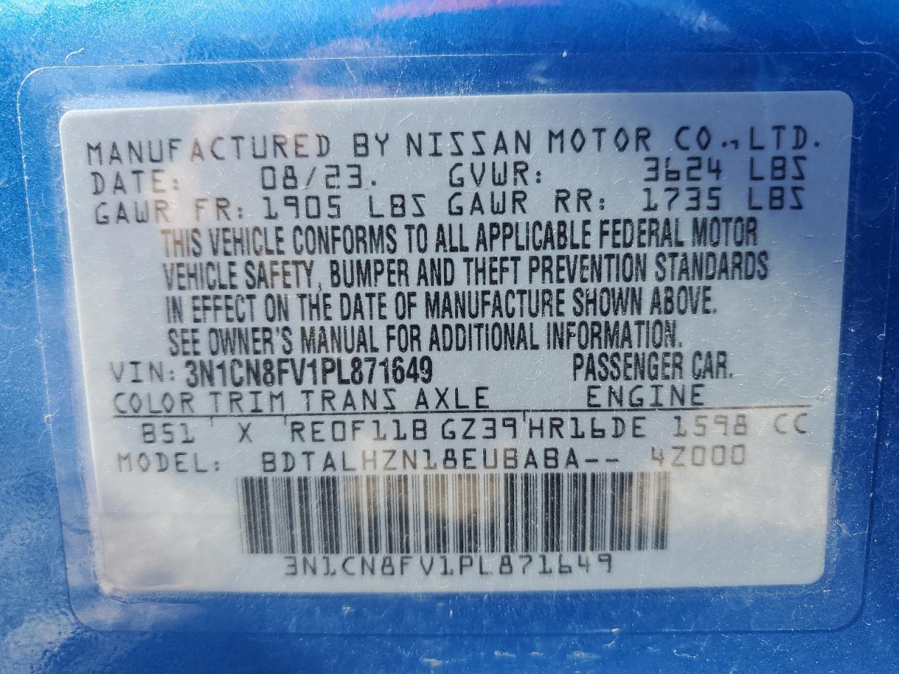 2023 NISSAN VERSA SR VIN:3N1CN8FV1PL871649