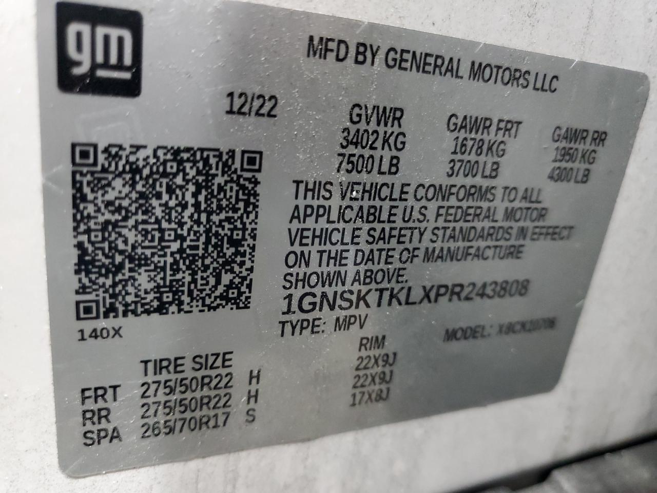 2023 CHEVROLET TAHOE K1500 HIGH COUNTRY VIN:1GNSKTKLXPR243808