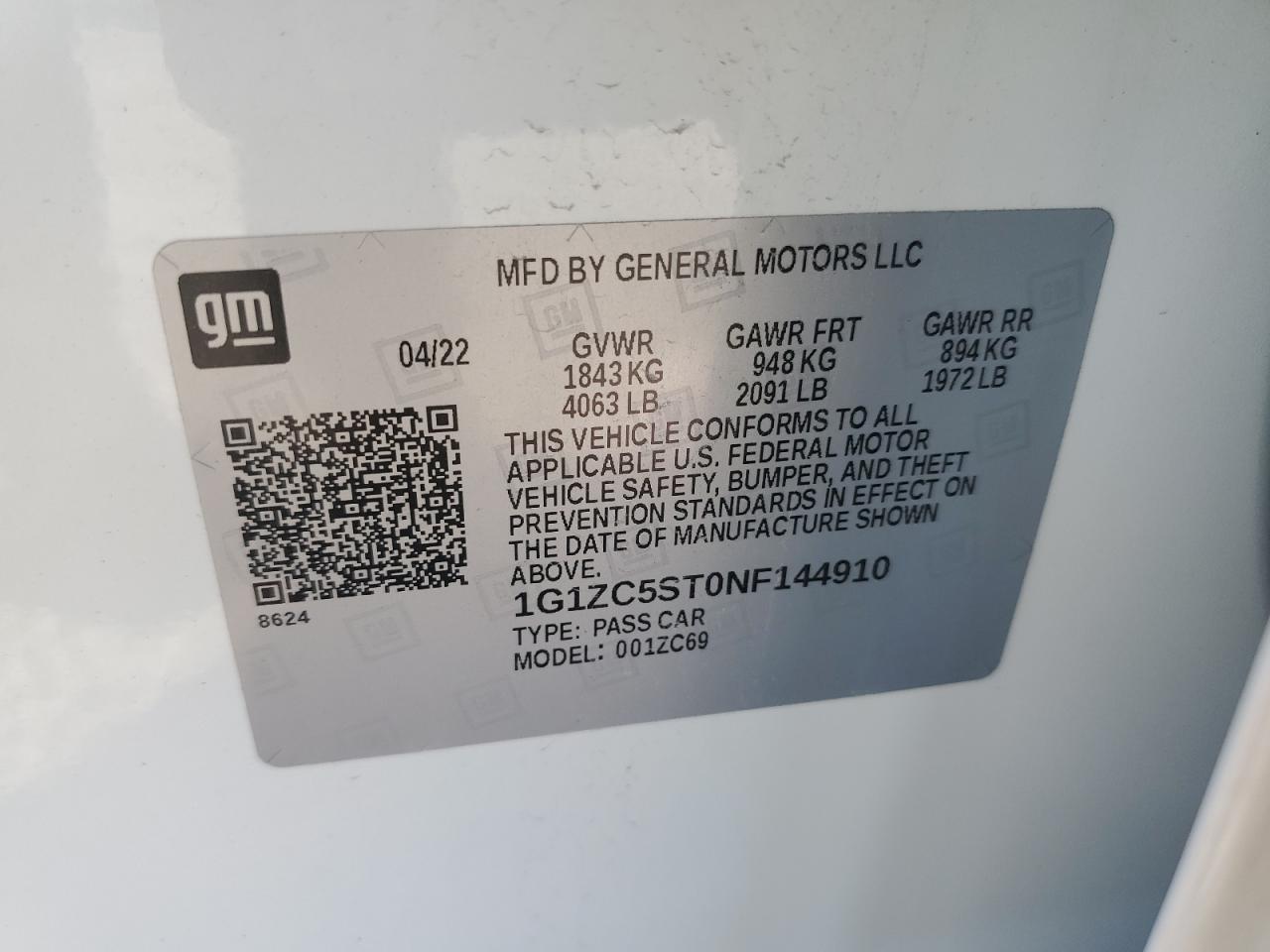 2022 CHEVROLET MALIBU LS VIN:1G1ZC5ST0NF144910