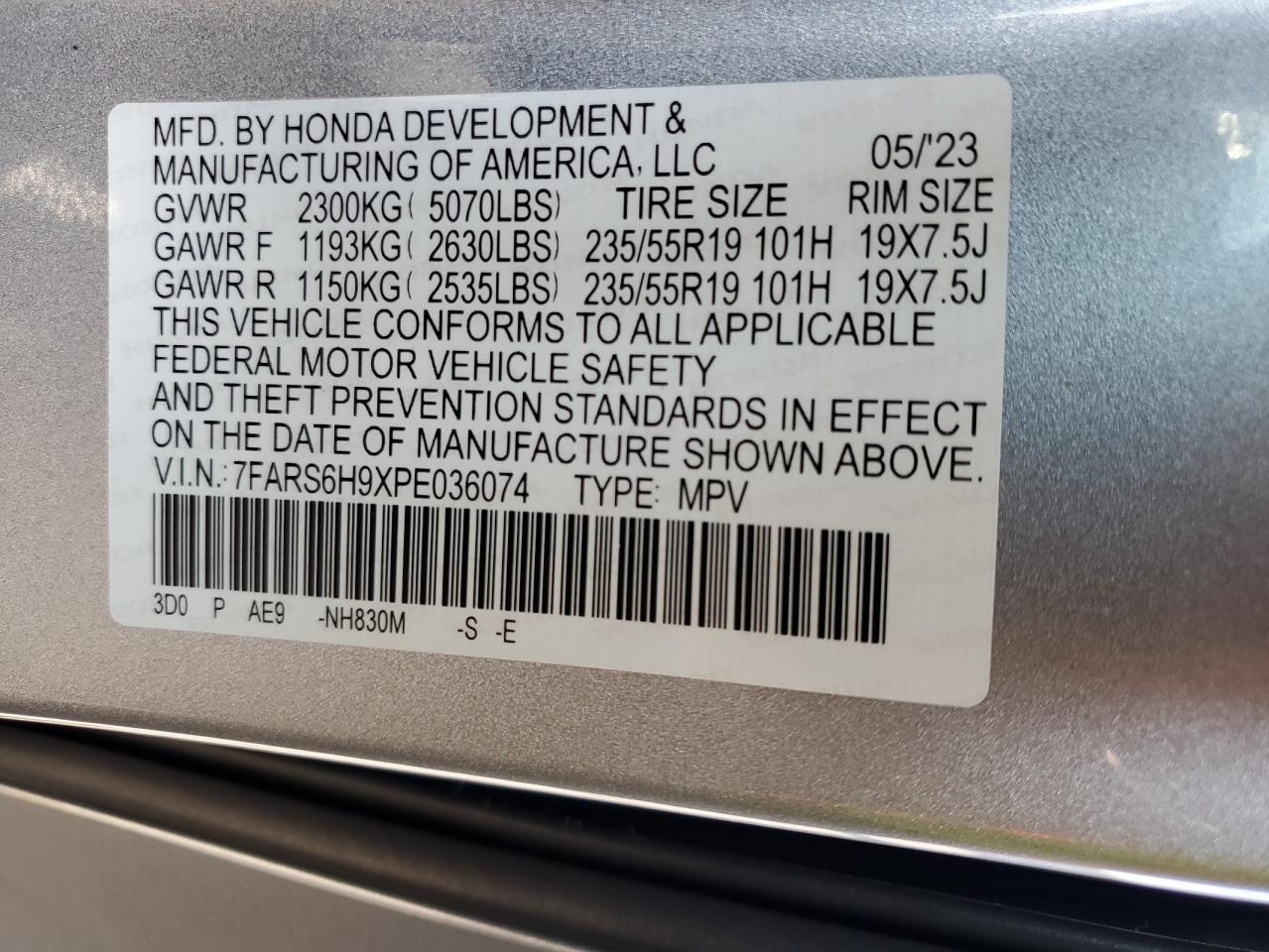2023 HONDA CR-V SPORT TOURING VIN:7FARS6H9XPE036074