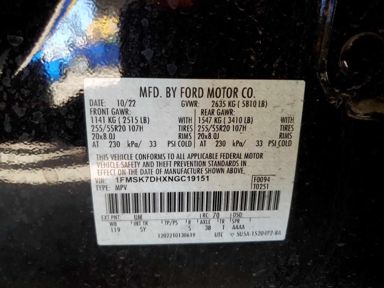 2022 FORD EXPLORER XLT VIN:1FMSK7DHXNGC19151