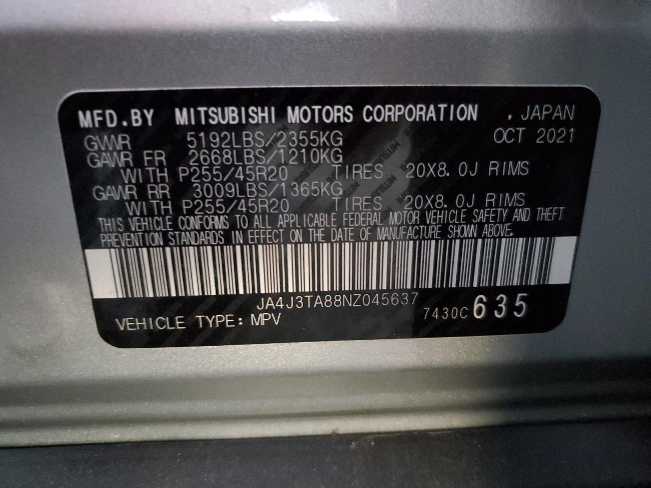 2022 MITSUBISHI OUTLANDER ES VIN:JA4J3TA88NZ045637