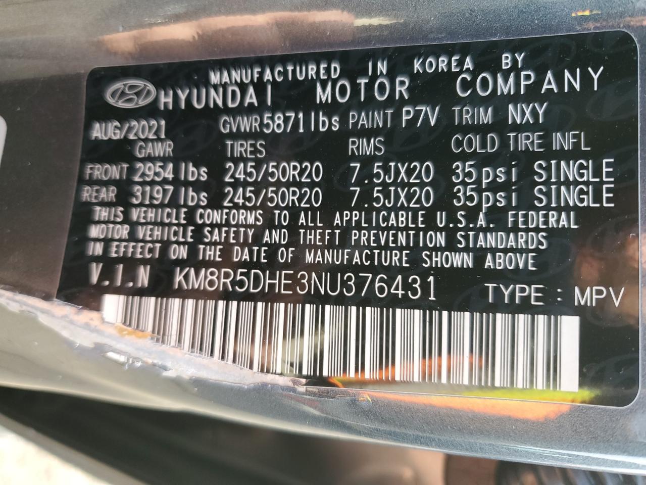 2022 HYUNDAI PALISADE LIMITED VIN:KM8R5DHE3NU376431