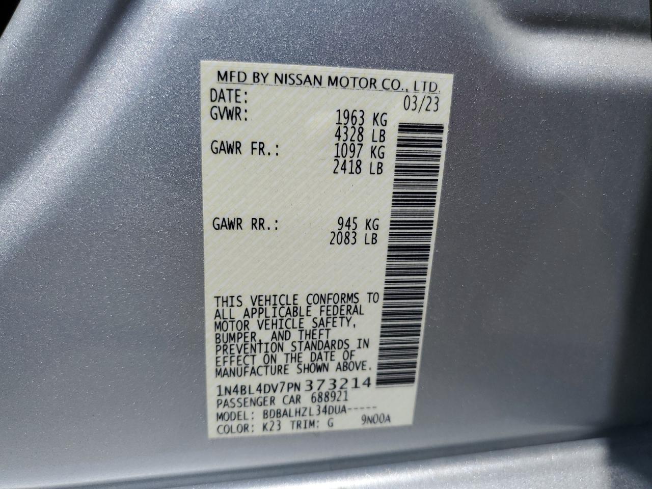 2023 NISSAN ALTIMA SV VIN:1N4BL4DV7PN373214