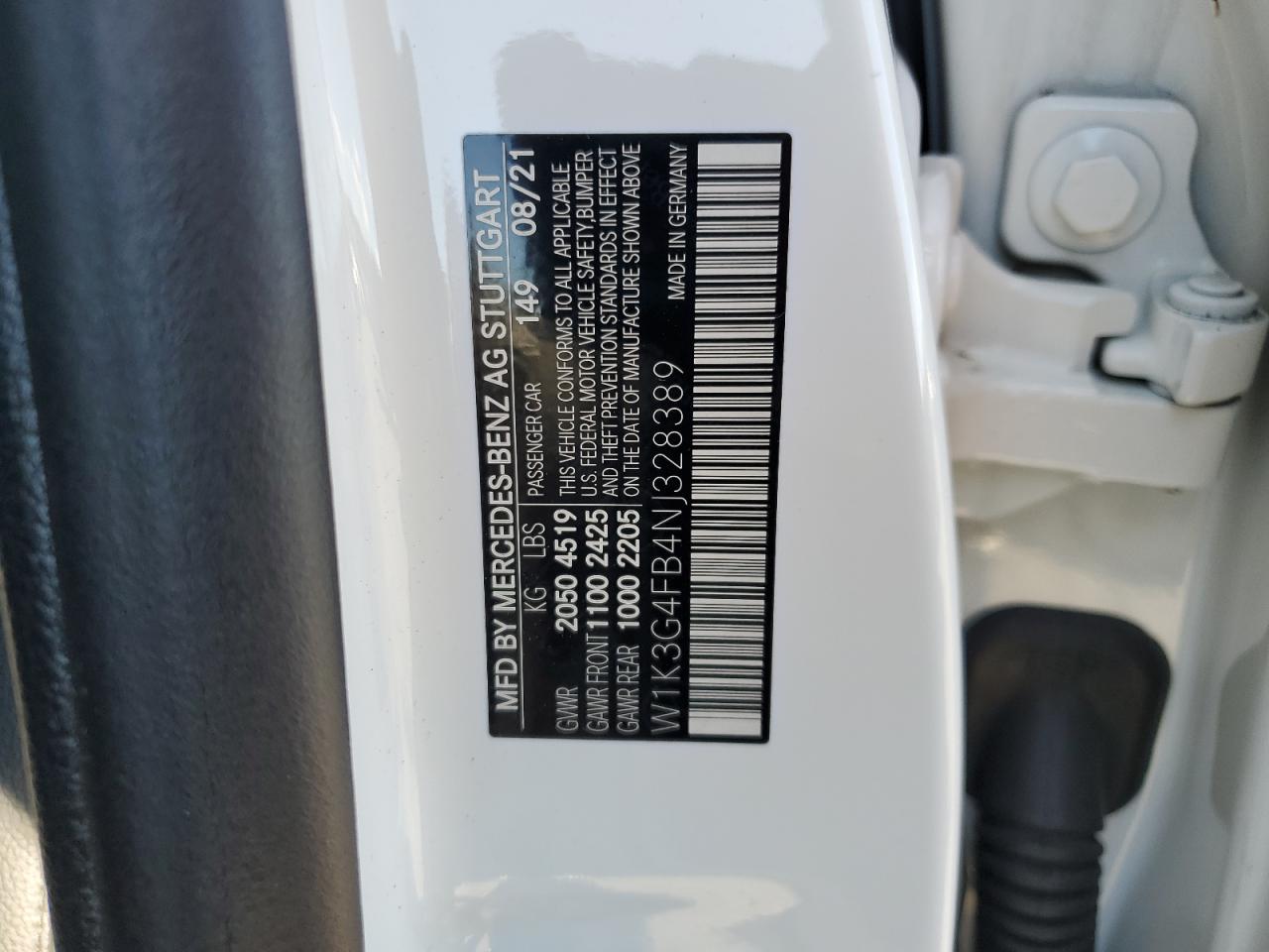 2022 MERCEDES-BENZ A 220 4MATIC VIN:W1K3G4FB4NJ328389