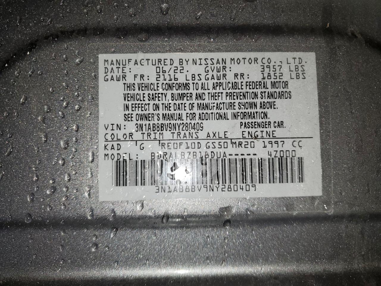 2022 NISSAN SENTRA S VIN:3N1AB8BV9NY280409