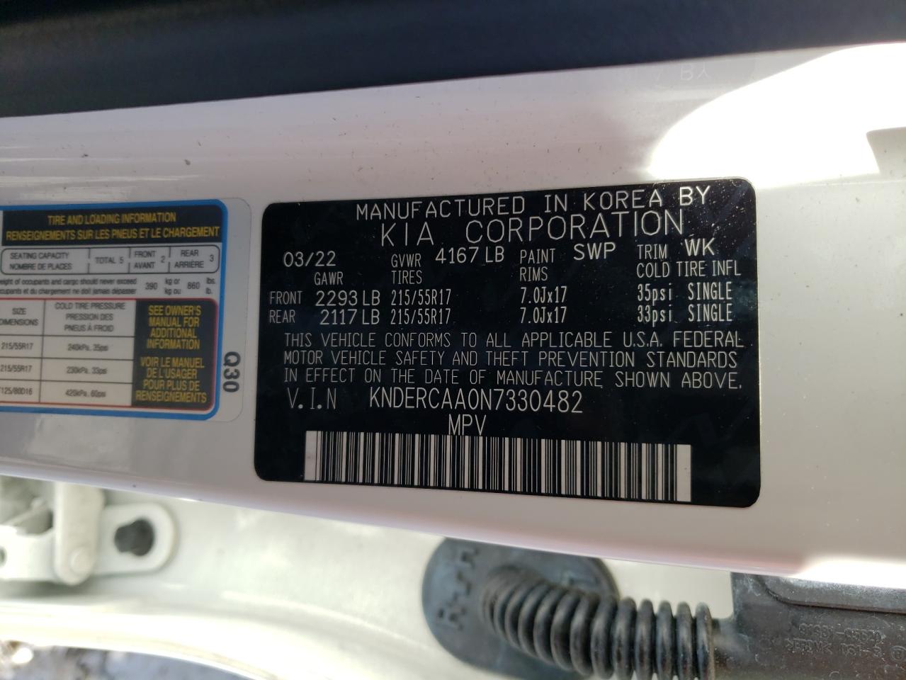 2022 KIA SELTOS EX VIN:KNDERCAA0N7330482