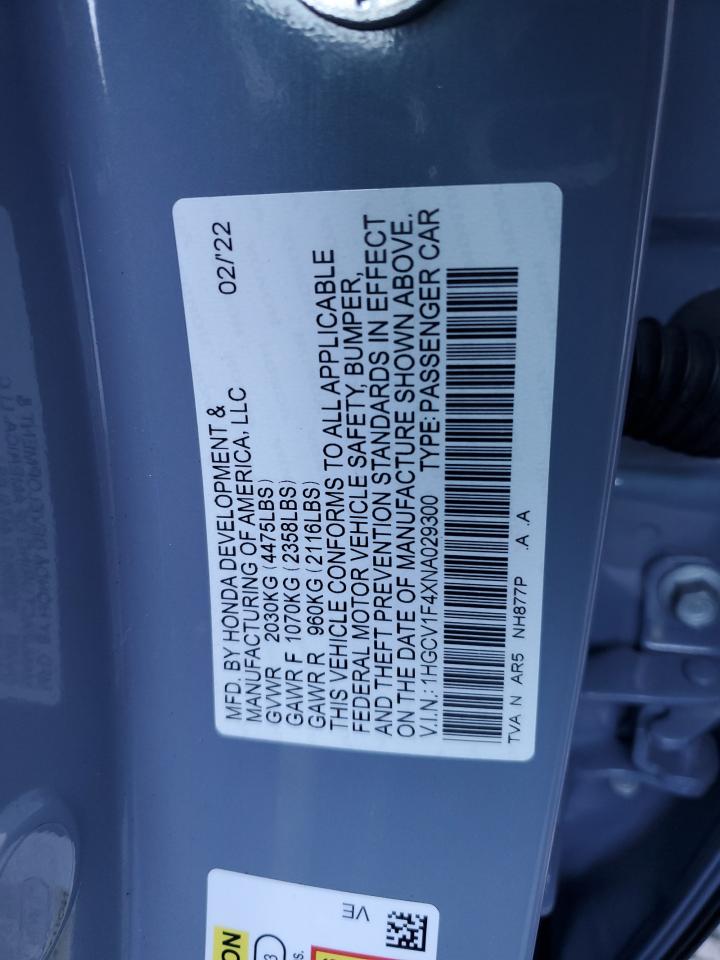 2022 HONDA ACCORD SPORT SE VIN:1HGCV1F4XNA029300