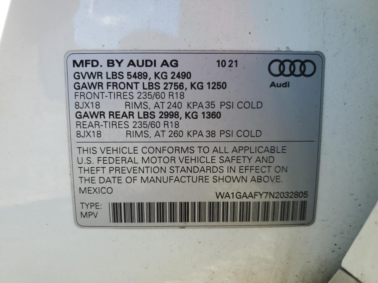 2022 AUDI Q5 PREMIUM 45 VIN:WA1GAAFY7N2032805